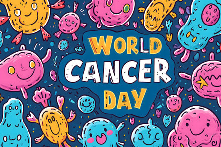 Simple cartoon world cancer day background with the inscription on it, surrounded with colorful happy tumorsの素材
