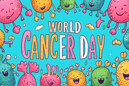 Simple cartoon world cancer day background with the inscription on it, surrounded with colorful happy tumorsの素材