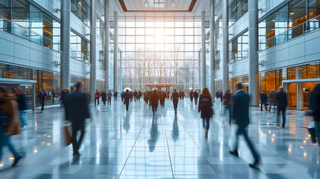 Many business people walking in bright office lobby fast moving with blurry.の素材