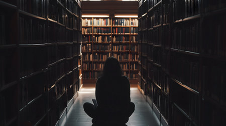 a student sits alone in a dimly lit corner of a library, looking overwhelmed by the books. The towering bookshelves in the background adding to the atmosphere of pressure and academic stressの素材