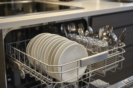 A dishwasher with many plates and silverware in itの素材