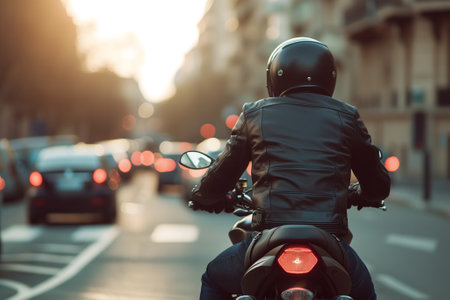 A man rides a motorcycle in city traffic, View from the back, Close-upの素材