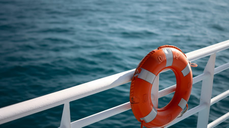 lifebuoy attached to a ships white railing, with the clear blue sea in the backgroundの素材