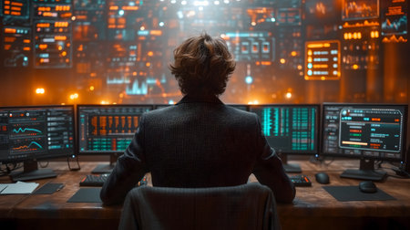 Back view of a financial analyst day trader working on computer with many screens that shows real-time stock data.の素材