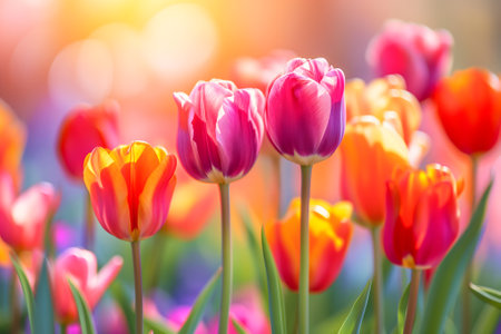Beautiful Spring Nature background with tulip Flowers, selective focus. Vivid colors.の素材