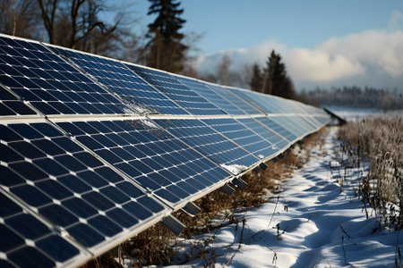 Photovoltaic solar panels in the field at sunny winter dayの素材