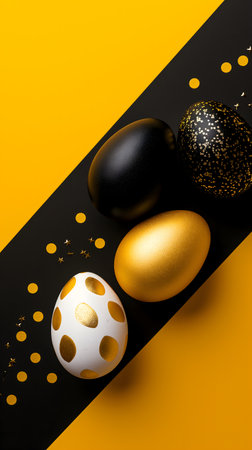 Golden, black, white Easter eggs on a yellow-black background. geometry. Minimal concept. View from above.の素材