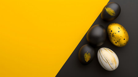 Golden, black, white Easter eggs on a yellow-black background. geometry. Minimal concept. View from above.の素材
