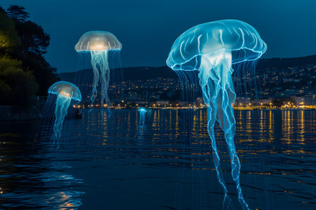 Glowing blue jellyfish UFO over night cityの素材