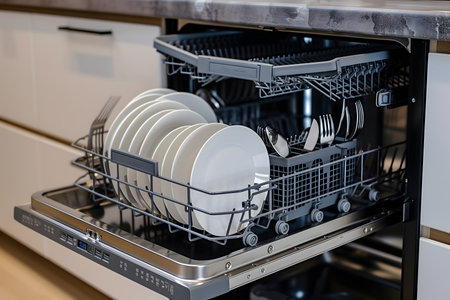 A dishwasher with many plates and silverware in itの素材