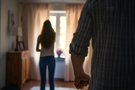 domestic violence, man holding in front of a woman, view from the back, girl in the backgroundの素材