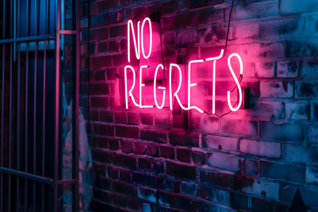 A neon sign that says NO REGRETS on a brick wallの素材