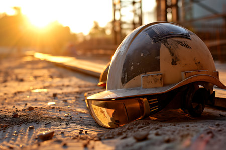 old yellow hard hat at construction site for safety conceptの素材