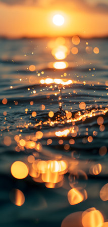 Sunset bokeh on water: golden sky over a body of water, with the light reflecting and creating a bokeh effect.の素材