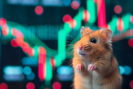 hamster in front of blurry trading charts, novice in stock exchange and asset market conceptの素材