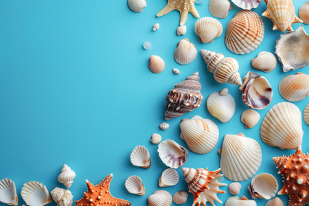 Seashells, pebbles, mockup on blue background. Blank, top view, still life, flat lay. Sea vacation travel concept tourism and resorts. Summer holidays.の素材