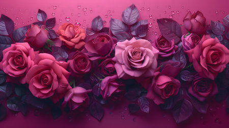 A lush bouquet of roses with dew dropsの素材