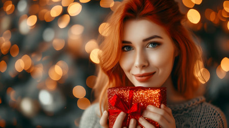 Beautiful redhead girl with gift for Valentines Day with bokeh at background.の素材