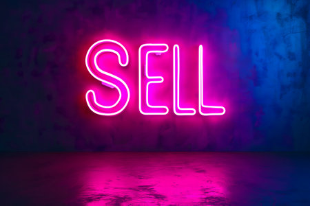 neon inscription word sell on dark shabby wallの素材