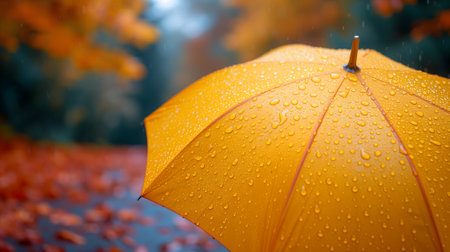 Close up, yellow umbrella under rainfall against a background of autumn leaves. Concept of rainy weather.の素材