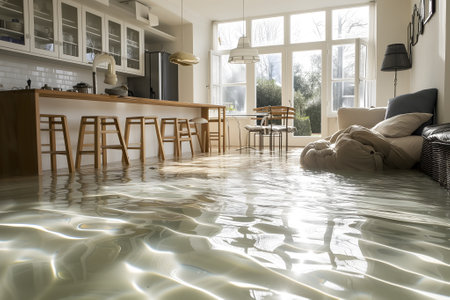 Home Floor Flooded, Showcasing Water Damage And Potential Issuesの素材