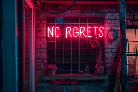 A neon sign that says NO REGRETS on a brick wallの素材