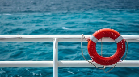 lifebuoy attached to a ships white railing, with the clear blue sea in the backgroundの素材