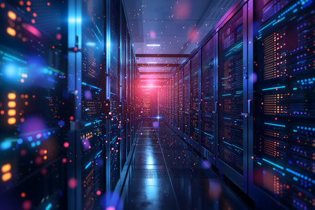 Server room with neon high contrast lightingの素材