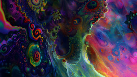 saturated colorful mad abstract background, random different shapes and objects, hallucinations of ancient shaman after mushroom overdoseの素材