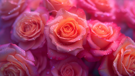 A lush bouquet of roses with dew dropsの素材