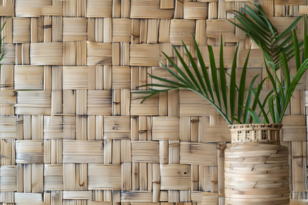 wicker bamboo wall background with green leaves in a potの素材