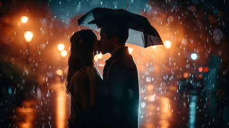 Couple kissing in the rain with back cinematic lightの素材