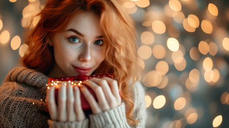 Beautiful redhead woman with gift for Valentines Day with bokeh at background.の素材