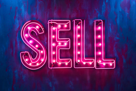 neon inscription word sell on dark shabby wallの素材