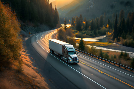 American long-nose semitruck on a highwayの素材