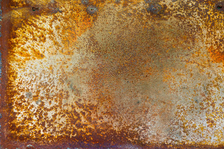Close up of a brownish rusted sheet metal surface with yellowish and orange hueの写真素材