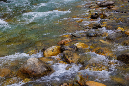 a river flowing over rocks in the mountains at summer day, full-frame closeup viewの写真素材