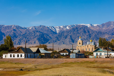 small Central Asia town at sunny autumn afternoonのeditorial素材