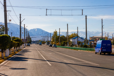 street of small Central Asia town at sunny autumn afternoonのeditorial素材