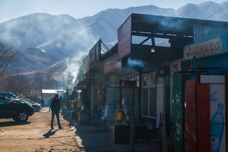 row of kattama cafe on side of the road to Issyk-Kul lake at sunny dayのeditorial素材