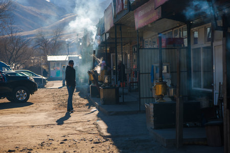 row of kattama cafe on side of the road to Issyk-Kul lake at sunny dayのeditorial素材