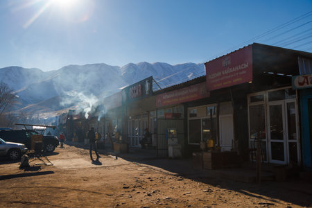 row of kattama cafe on side of the road to Issyk-Kul lake at sunny dayのeditorial素材
