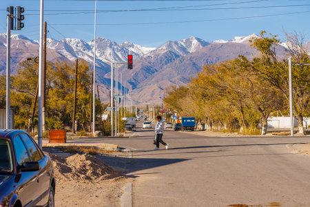 street of small Central Asia town at sunny autumn afternoonのeditorial素材