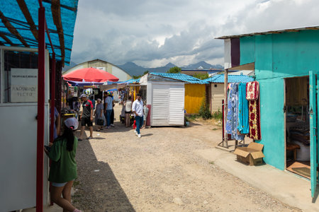 street market at sunny summer day in Cholpon-Ata, Kyrgyzstanのeditorial素材