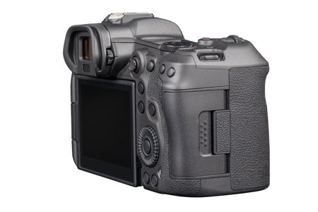 black professional mirrorless camera body isolated on white backgroundの写真素材