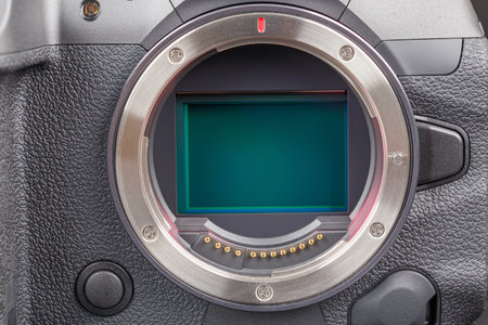 professional mirrorless camera body with exposed sensor full-frame closeup viewの写真素材