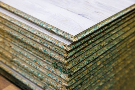 stacks of tongue and groove OSB compressed sawdust sheetsの写真素材
