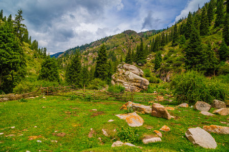 Green mountain landscape with rural stick fence and large rock at summer day.の写真素材