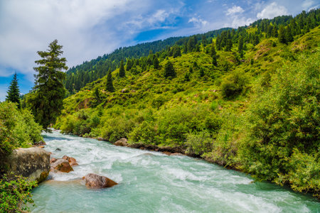 bad weather mountain river landscapeの写真素材