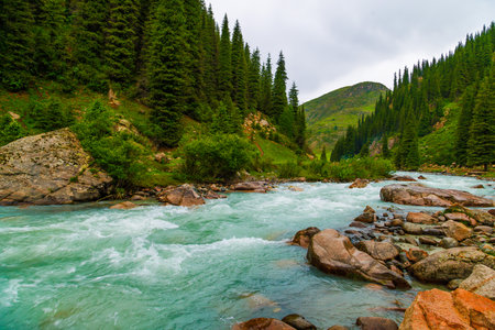 bad weather mountain river landscapeの写真素材